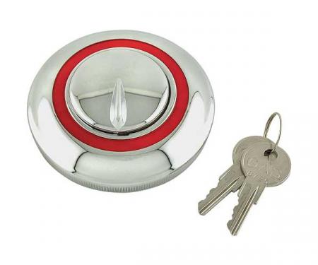 Locking Gas Cap - Die-Cast - Chrome With Red Border - For 1-7/8 Inch I.D. Filler Neck - Includes 2 Keys - Ford Pickup Truck