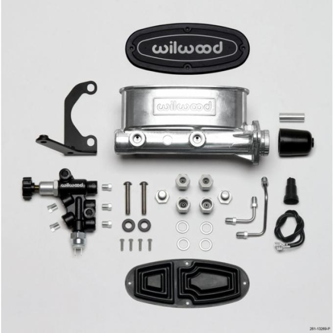 Chevy Wilwood Master Cylinder Kit, Tandem, Ball Burnished Aluminum, with Bracket & Valve, 1.00" Bore 1955-1957