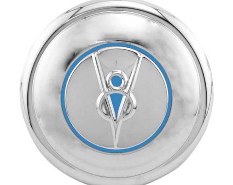 Hub Cap - V8 Embossed - Painted Ford Blue - Stainless Steel- 5-3/4 - Ford Passenger