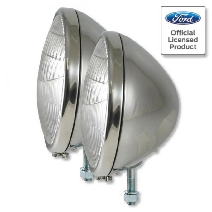 Halogen Headlights, 12 Volt, Stainless Steel, Ford Script & Duolamp Stamping, '33-34 Ford Pickup Style