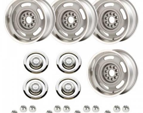 Classic Chevy - Rally Wheel Kit, 1-Piece Cast Aluminum With  Flat Disc Brake Style Center Caps,  17x9