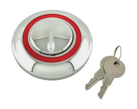 Locking Gas Cap - Die-Cast - Chrome With Red Border - For 1-7/8 Inch I.D. Filler Neck - Includes 2 Keys - Ford Pickup Truck