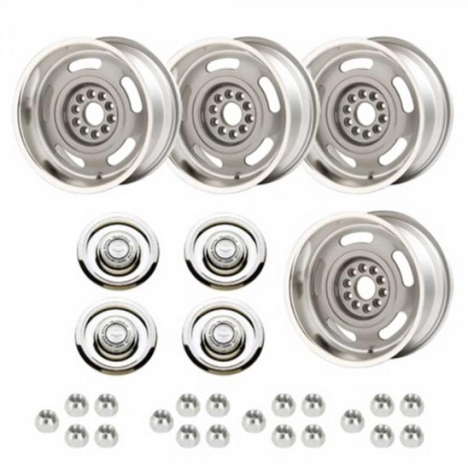 Classic Chevy - Rally Wheel Kit, 1-Piece Cast Aluminum With  Flat Disc Brake Style Center Caps,  17x9