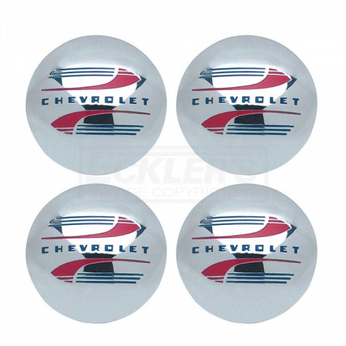 Chevy Truck Hub Cap Set, Polished Stainless Steel, With Redand Blue Painted Details, 1947-1960