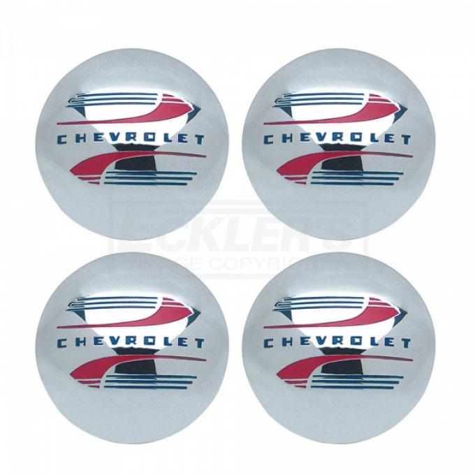Chevy Truck Hub Cap Set, Polished Stainless Steel, With Redand Blue Painted Details, 1947-1960