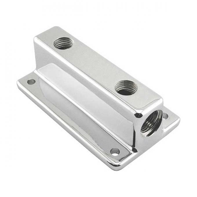 Fuel Block - Chrome - 2 Hole - Use When Mounting Dual Carbs- 3/8 NPT Inlet - 1/4 NPT Outlets - Ford & Mercury