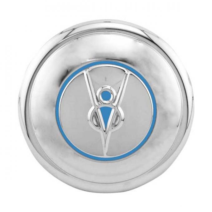 Hub Cap - V8 Embossed - Painted Ford Blue - Stainless Steel- 5-3/4 - Ford Passenger