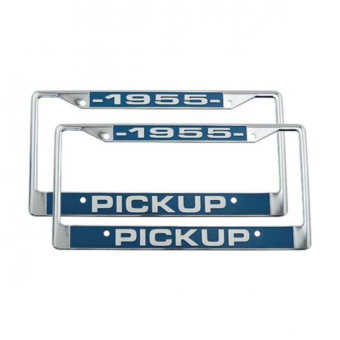thumbnail image 2 of FDM MFG Chrome License Plate Frames – Front & Rear For 1962 Ford Car Pick Up Truck – Blue White Script 2 of 4