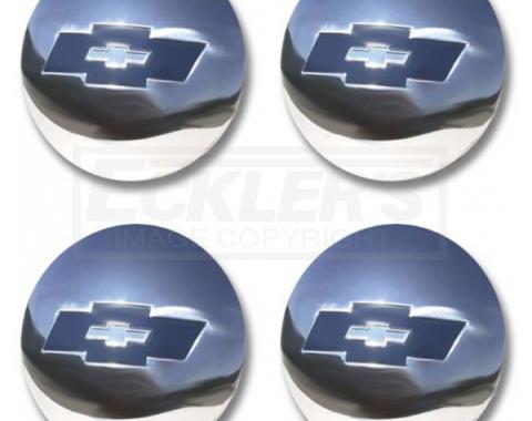 Chevy Truck Hub Cap Set, Polished Stainless Steel, With Blue Painted Details, 1954-1955