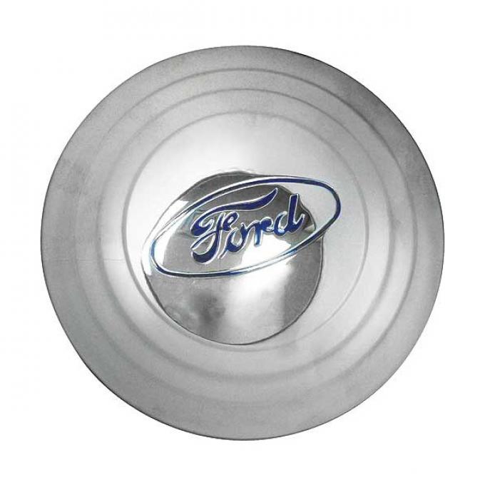 Hub Cap - Ford Embossed - Painted Ford Blue - Stainless Steel - 5-3/4 - 4 Cylinder Model B Ford Pickup Truck