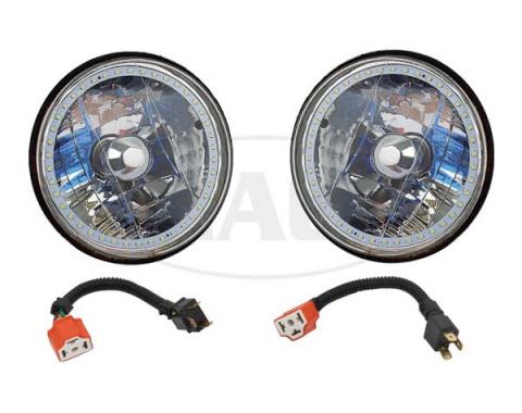 Headlights, 7 Inch Round White Diamond With Single Color White LED Halo