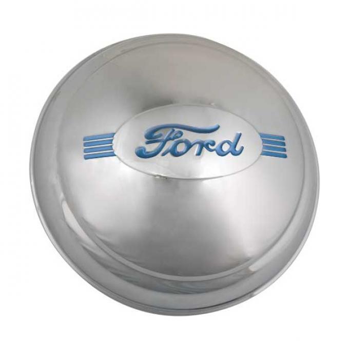 Hub Cap - Polished Stainless Steel - Embossed Ford Script Is Painted Blue - Ford