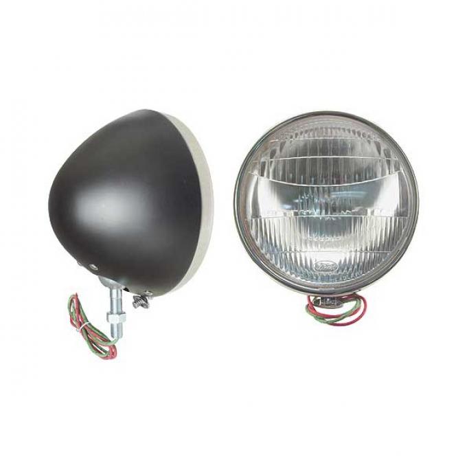 Headlights - Primered Bucket & Stainless Steel Rims - 12 Volt - 2 Bulbs - Ford Script - Ford Pickup Truck