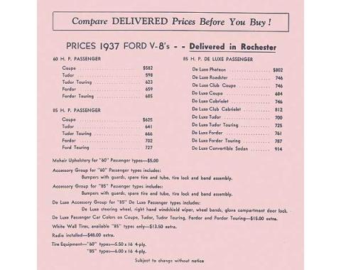 1937 Ford Delivered Prices