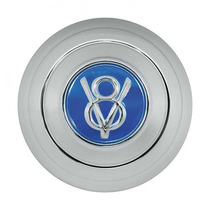 Hub Cap - V8 Embossed - Painted Ford Blue - Stainless Steel- 5-3/4 - Ford Passenger