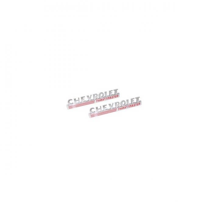 Chevy or GMC Truck Hood Side Emblems "Chevrolet Thriftmaster" with Fasteners, 1947-1949