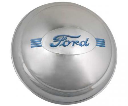 Hub Cap - Polished Stainless Steel - Embossed Ford Script Is Painted Blue - Ford