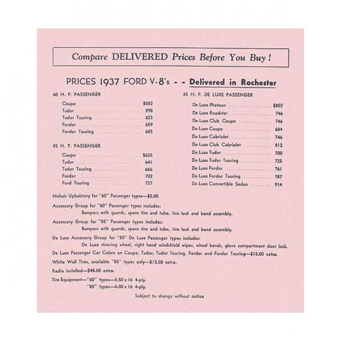 1937 Ford Delivered Prices