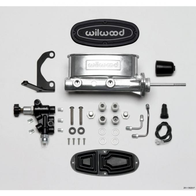 Chevy Wilwood Master Cylinder Kit, Tandem, Ball Burnished Aluminum, with Bracket & Valve, 15/16" Bore 1955-1957