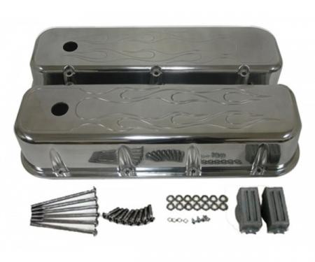 Chevy Big Block Valve Covers, Flamed Polished Aluminum, 1965-1995