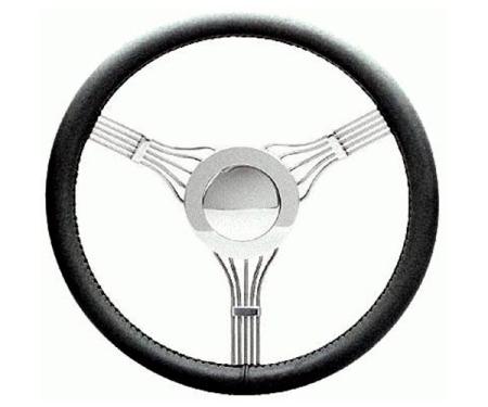 Chevy Banjo Steering Wheel With Horn Button - Black Leather, Flaming River, 1955-1957