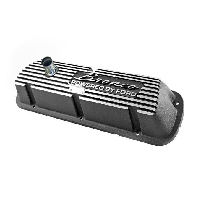 Dennis Carpenter Valve Cover with Bronco Script - Aluminum - Black Powder Coat - 1966-85 Ford Bronco C6TZ-6A582-B