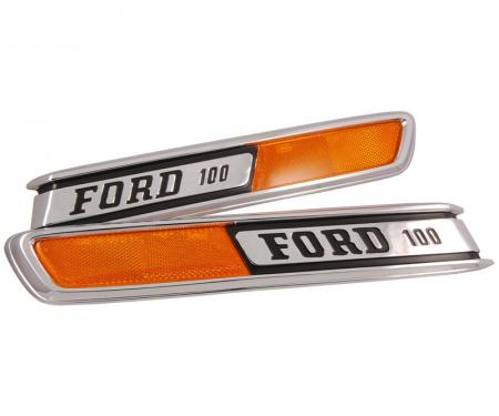Dennis Carpenter Hood Side Emblems - "FORD 100" - 1968-72 Ford Truck C8TZ-16720-PR