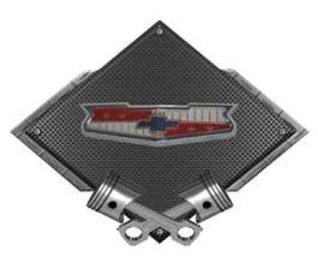 Chevy Tri-5 Emblem Metal Sign, Black Carbon Fiber, Crossed Pistons, 25 X 19