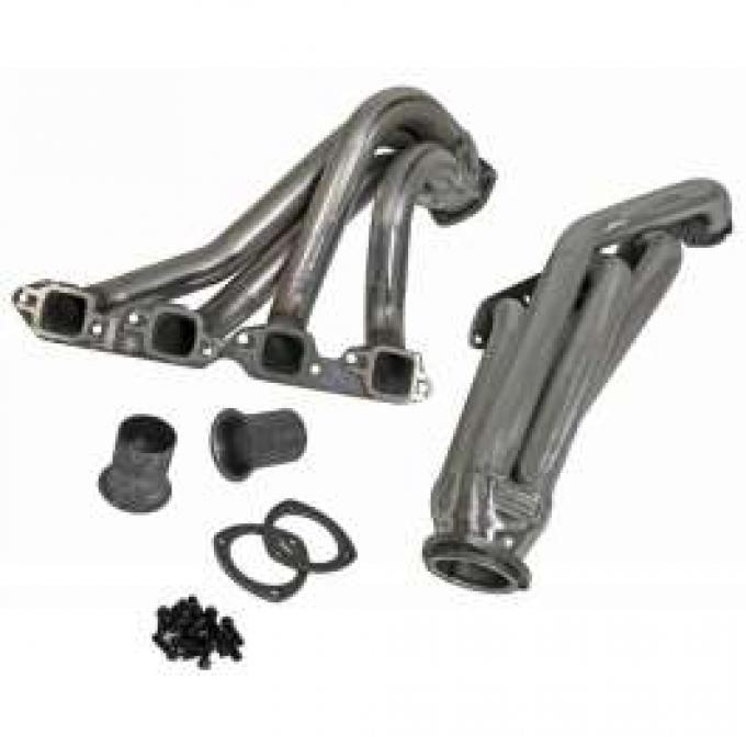 Chevy Headers, Silver Ceramic Coated, Sanderson, Small Block V8, For Mustang II Front Suspension, 1949-1954