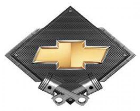 Chevrolet Bowtie Metal Sign, Black Carbon Fiber, Crossed Pistons, 25 X 19