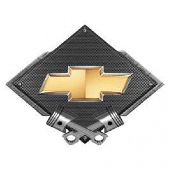 Chevrolet Bowtie Metal Sign, Black Carbon Fiber, Crossed Pistons, 25 X 19