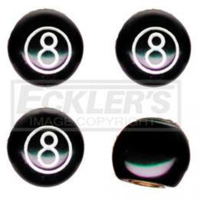 Full Size Chevy Valve Stem Caps, 8 Ball, Black, 1958-1984