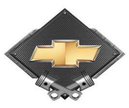 Chevrolet Bowtie Metal Sign, Black Carbon Fiber, Crossed Pistons, 25 X 19