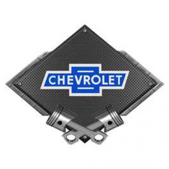 Chevrolet Vintage Bowtie Metal Sign, Black Carbon Fiber, Crossed Pistons, 25 X 19