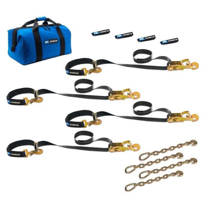 Race Ramps 2 x 8 Super Pack Tie-Down Strap Kit with Integrated Axle Straps, Direct Hook Ends & Chain Extensions - Black 511128