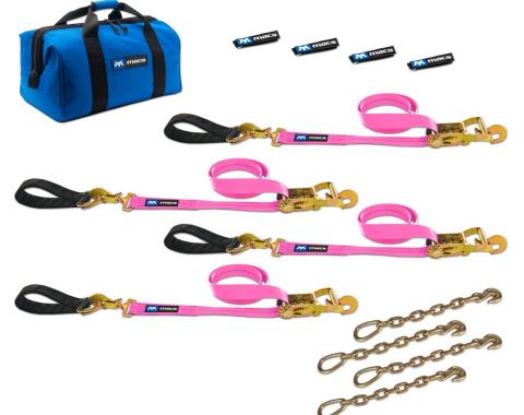 Race Ramps Two 6 & Two 8 Ultra Pack Tie-Down Straps with Detachable Axle Straps, Direct Hook Ends & Chain Extensions - Pink 519267