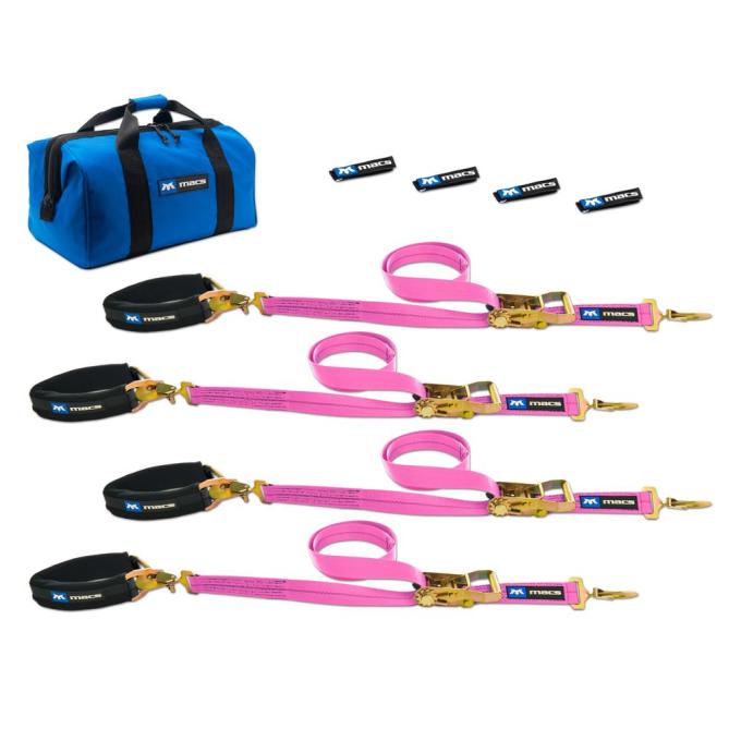 Race Ramps 2 x 8 Pro Pack Premium Tie-Down Strap Kit with 24 Axle Strap, Sewn Fixed Ends - Pink 519608