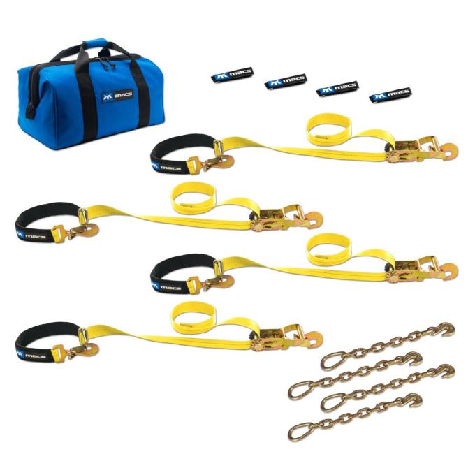 Race Ramps 2 x 6 Super Pack Tie-Down Strap Kit with Integrated Axle Straps, Direct Hook Ends & Chain Extension Ends - Yellow 514126