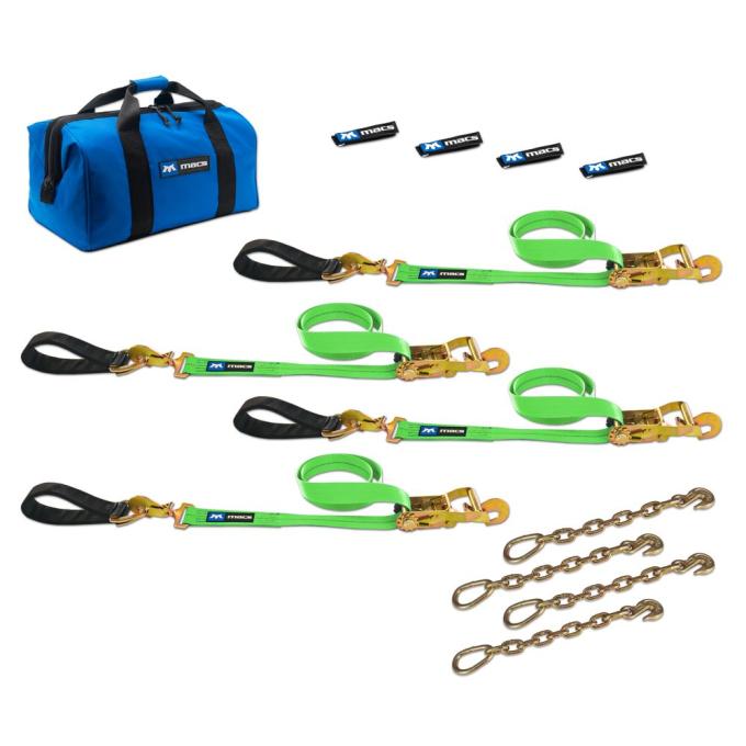 Race Ramps Two 6 & Two 8 Ultra Pack Tie-Down Straps with Detachable Axle Straps, Direct Hook Ends & Chain Extensions - Lime Green 515267