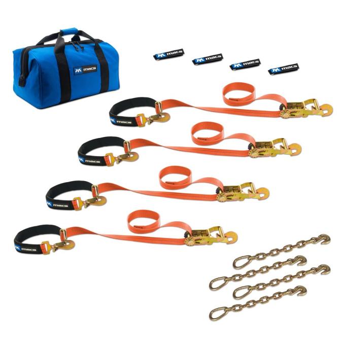 Race Ramps 2 x 6 Super Pack Tie-Down Strap Kit with Integrated Axle Straps, Direct Hook Ends & Chain Extension Ends - Orange 518126