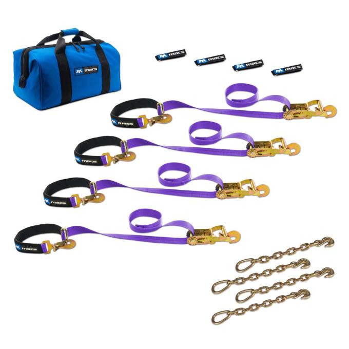 Race Ramps 2 x 8 Super Pack Tie-Down Strap Kit with Integrated Axle Straps, Direct Hook Ends & Chain Extensions - Purple 516128