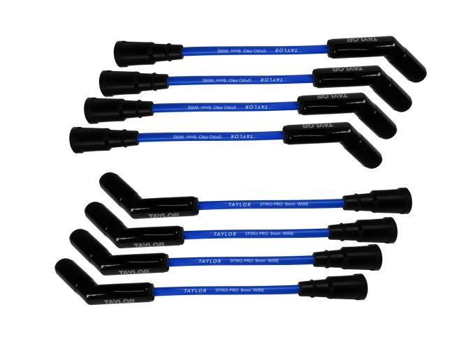 Taylor Cable Ford 7.3L Godzilla Engines 8mm Spiro-Pro Black Ceramic Boots Spark Plug Wires, 180&deg; Spark Plug Boot Angle, Blue 75673-B