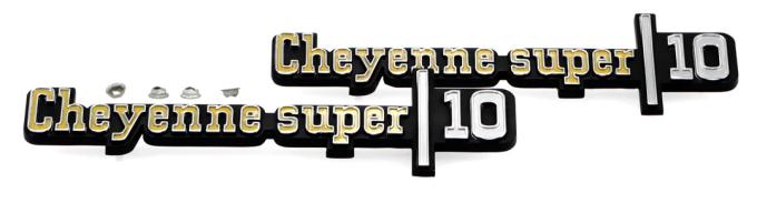 AMD Front Fender Emblems, "Cheyenne Super 10", LH/RH Pair, 73-76 Chevy C/K Pickup T-9775