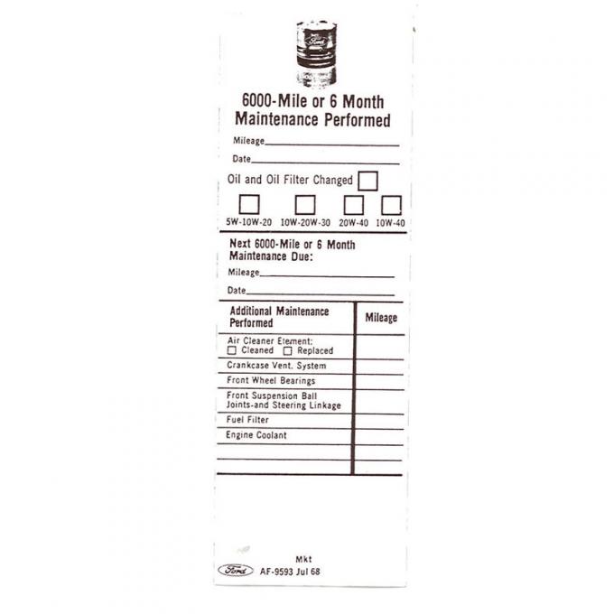 Dennis Carpenter Decal - Maintenance Record - 1962-72 Ford Truck, 1960-72 Ford Car   DF-746