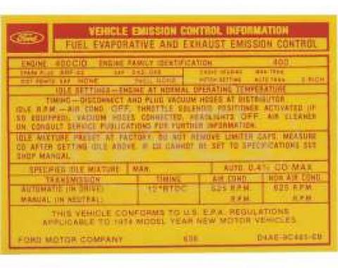 Emission Decal, 400-2V AT, Ranchero, Torino, 1973-1974