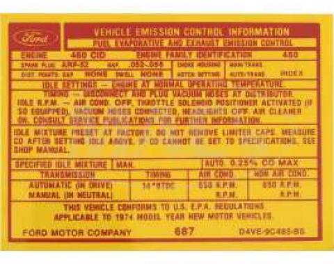 Emission Decal, 460-4V AT, Ranchero, Torino, 1974