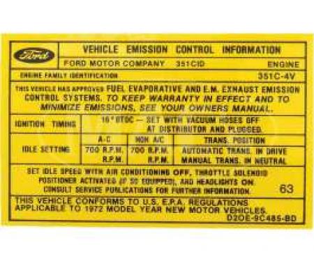 Emission Decal, 351C-4V AT/MT, Ranchero, Torino, 1972