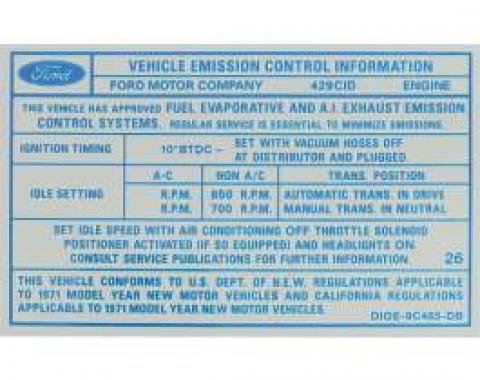 Emission Decal, 429 SCJ, Ranchero, Torino, 1971