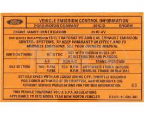 Emission Decal, 351-4V AT (Late), Ranchero, Torino, 1972