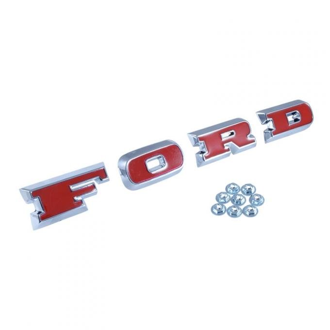 Dennis Carpenter FORD Grille Letters - Chrome with Red Insert - 1967-77 Ford Bronco C7TZ-8316-S